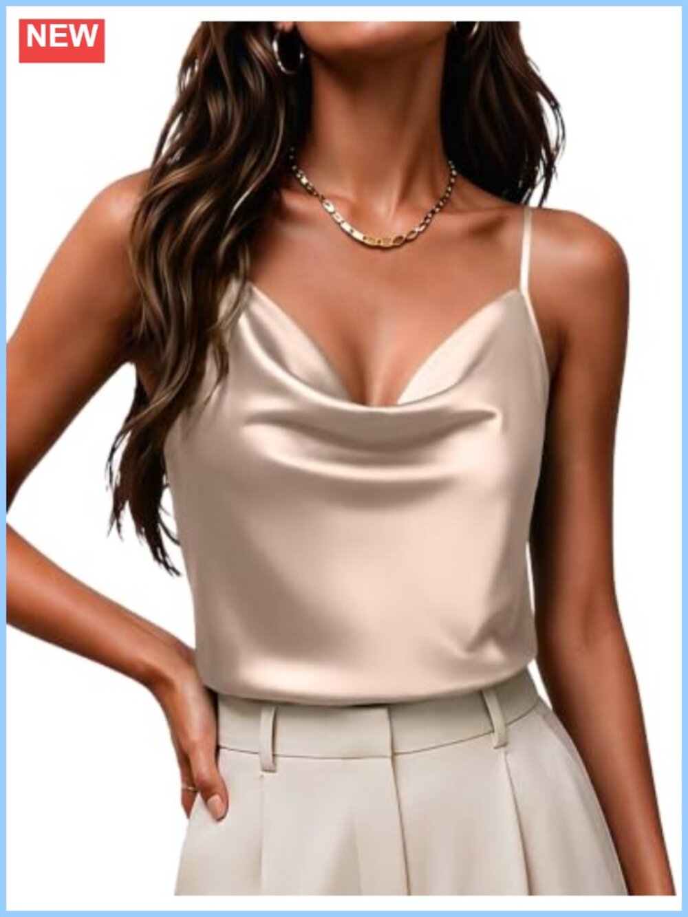 Satin Cowl Neck Tank Top Sleeveless Camisole Loose Fit Basic Summer Blouse